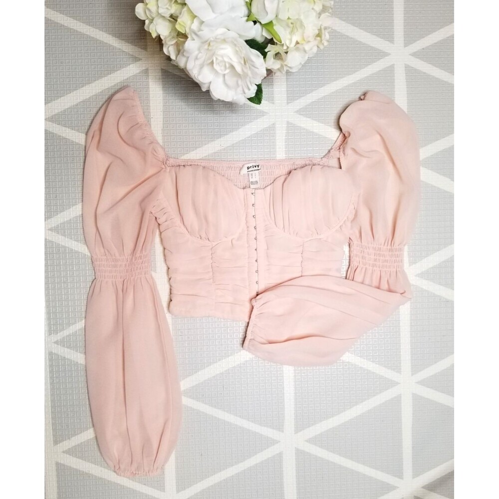 Pale Pink Bustier Corset Top Sheer Puff Long Sleeve Blouse Size S Y2K Romantic